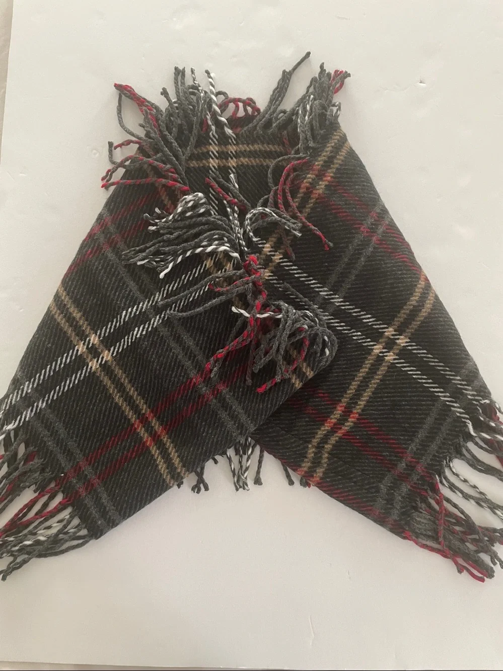 Winter Plaid Scarf Infinity Fringe Grey Plaid (Tan, Red, White) 60 x 10  NWT
